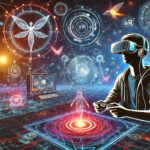 A gamer wearing a VR headset interacts with augmented reality elements in a neon-lit futuristic setting, showcasing VR and AR in gaming.