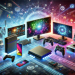 An illustration of cross-platform gaming with devices like a console, PC, and VR headset connected by glowing neon lines in a vibrant gaming world.