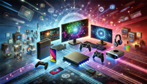 An illustration of cross-platform gaming with devices like a console, PC, and VR headset connected by glowing neon lines in a vibrant gaming world.