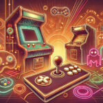 Retro arcade illustration with vintage machines, a joystick, and neon pixelated characters, celebrating nostalgic video games.