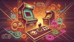 Retro arcade illustration with vintage machines, a joystick, and neon pixelated characters, celebrating nostalgic video games.